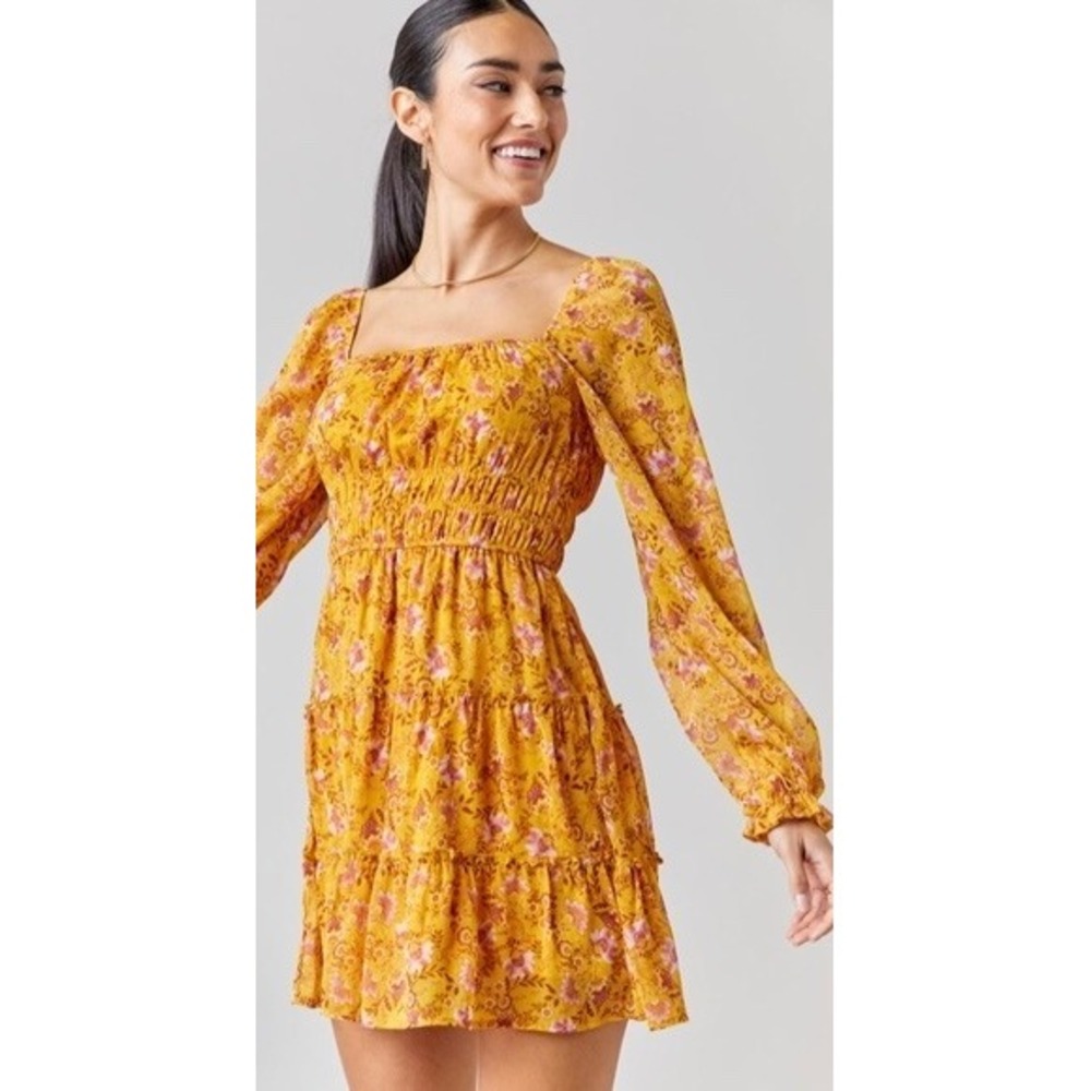 Mi Ami Francescas Floral Smocked Milkmaid Mini Dress Medium Yellow Cottage Flowy